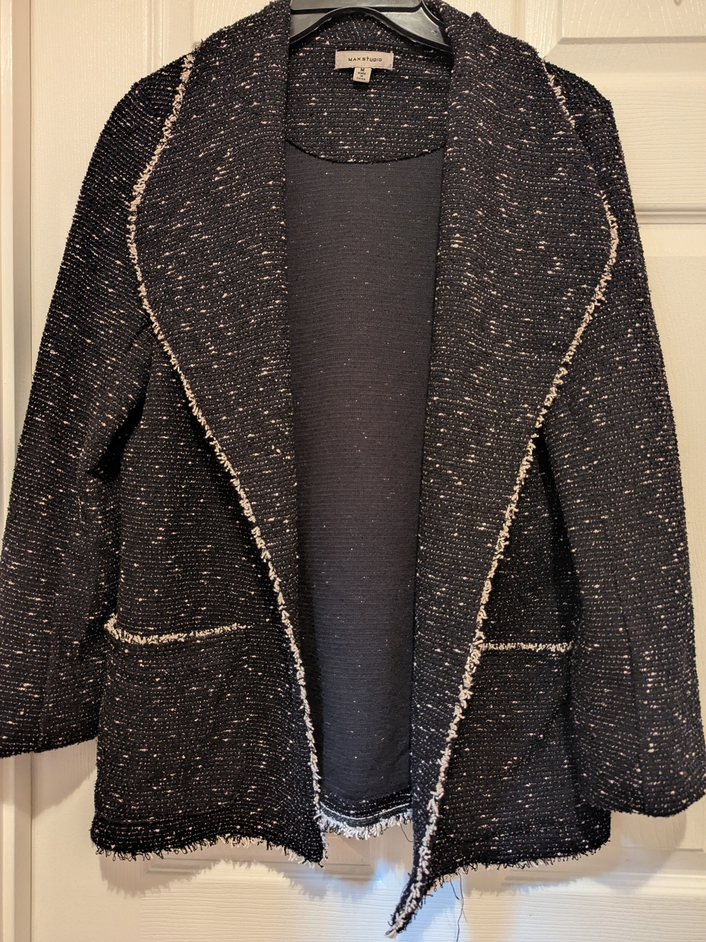 Max Studio Black Tweed Open-Front Jacket with Contrast Trim
